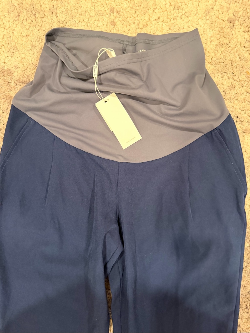 Two-Tone Navy and Gray Maternity Joggers with Fold-Over Waistband